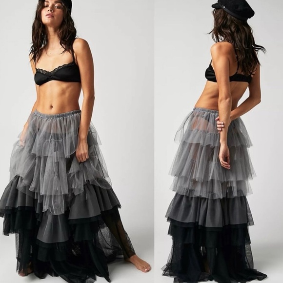 Free People Dresses & Skirts - Free People Tulle Much Tiered Ruffle Half Slip Maxi Skirt Gray Black NEW
